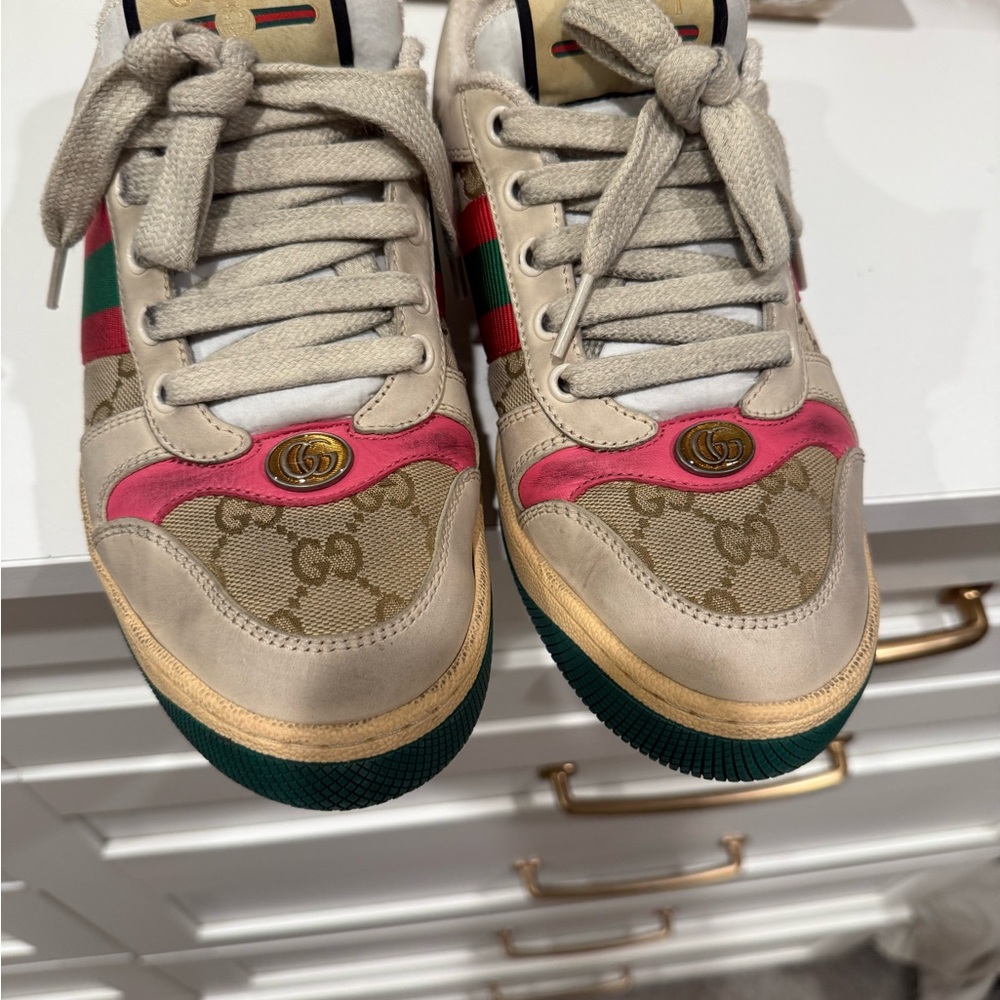 Gucci Beige and Pink Logo Sneakers